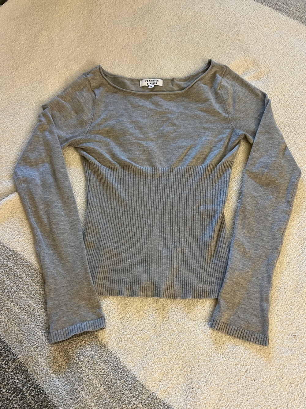 Frankies Bikinis Gray Ribbed Knit Long Sleeve Sweater Top M